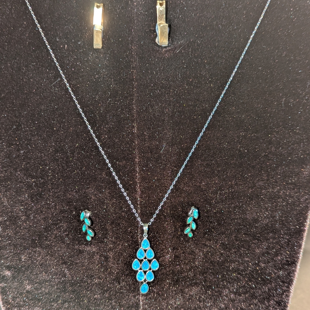 Sterling Silver Blue Opal Grape Cluster Necklace and Blue Opal Leaf Earrings